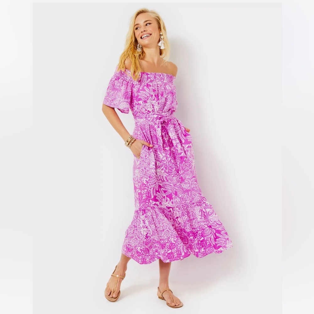 NWT Lilly Pulitzer Pink Floral Off-Shoulder Wild Fuchsia Swipe Right Midi Dress